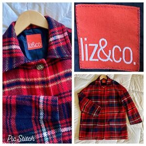 Vtg 90s Liz&Co. Car Coat Wool Blend Plaid Red Navy Blue Womens L Lined Classic